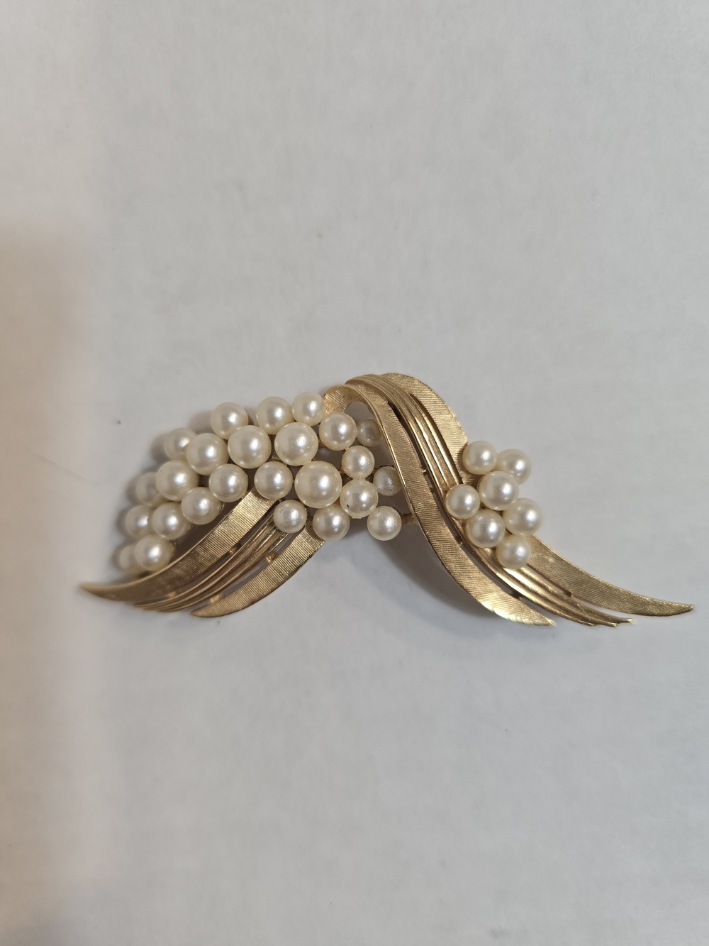 Trifari Gold-Tone Faux Pearl Ribbon Brooch